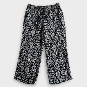 LOFT Coastal Floral Wide-Leg Trousers Navy Floral Pull-On Boho Bohemian Medium